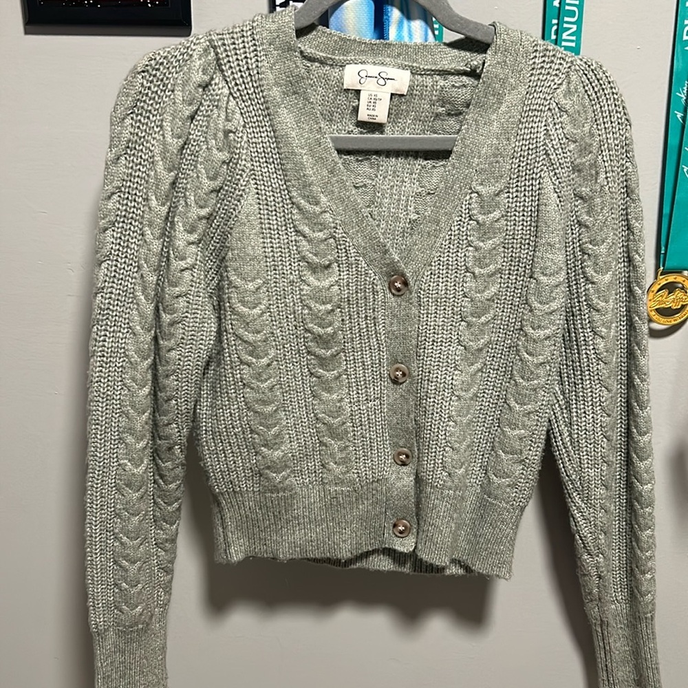 Jessica Samson sage green sweater.